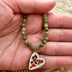New Flower Jade Beaded Necklace With Heart Ojai Pixie Tangerine Enamel Charm